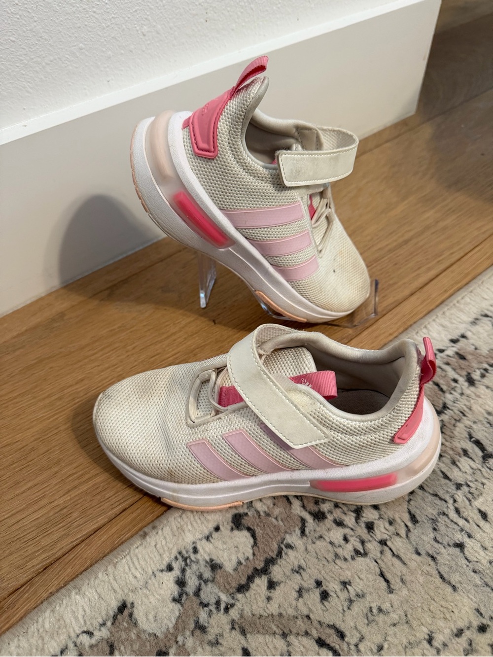 adidas Kids Cream and Pink Hook-and-Loop Sneakers